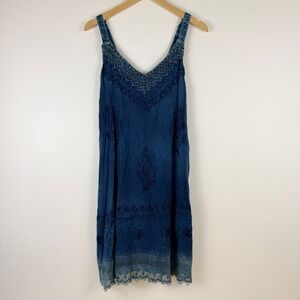 Advance Apparels Indigo Blue Embroidered Cotton Rayon Blend Dress Free Size Boho